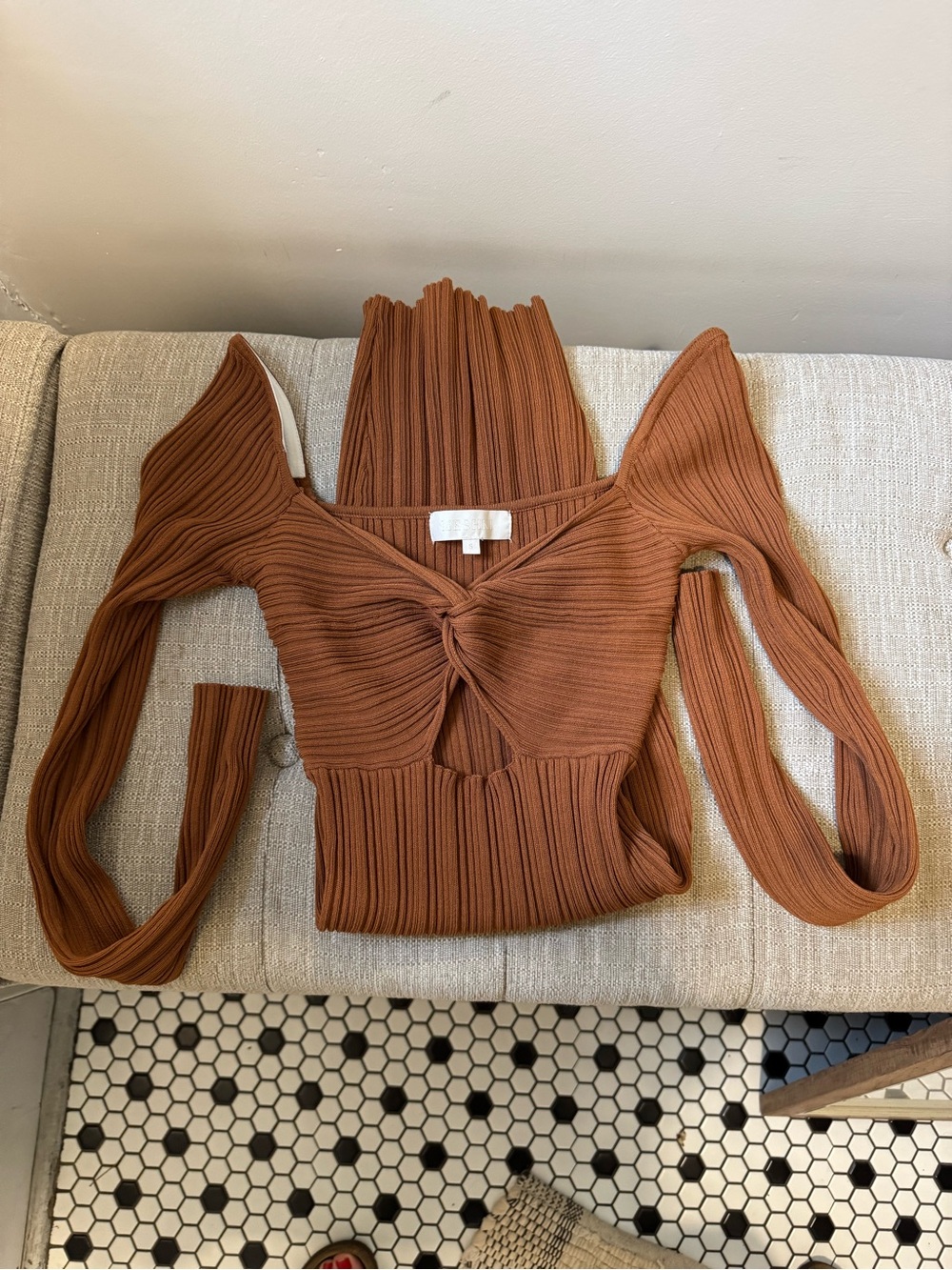 Meshki Ribbed Twist-Front Long Sleeve Dress - Rust - Picture 3 of 4